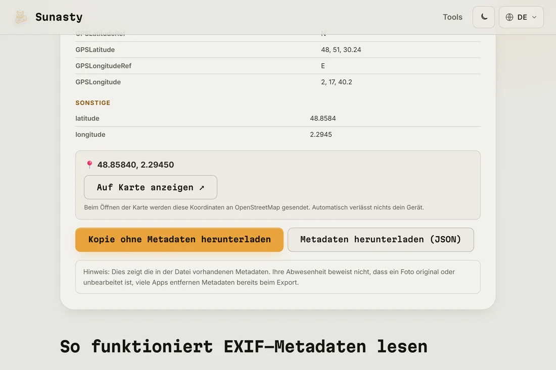 Der Button zum Herunterladen einer Kopie des Fotos ohne jegliche Metadaten