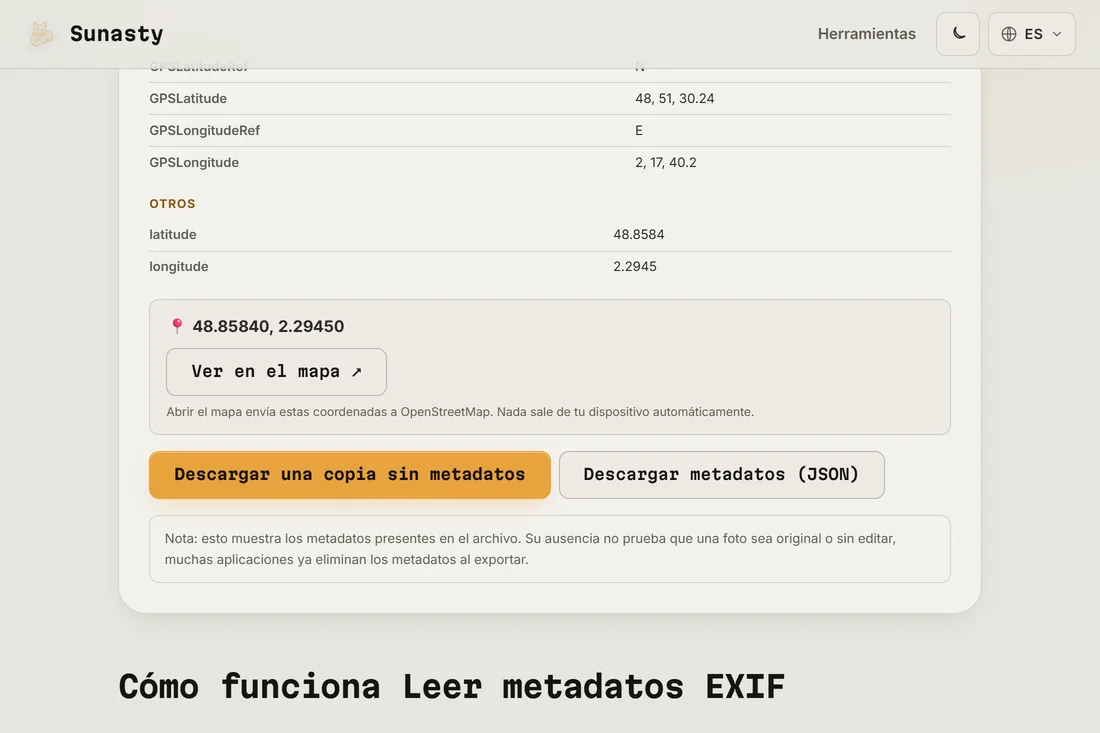 El botón para descargar una copia de la foto sin ningún metadato
