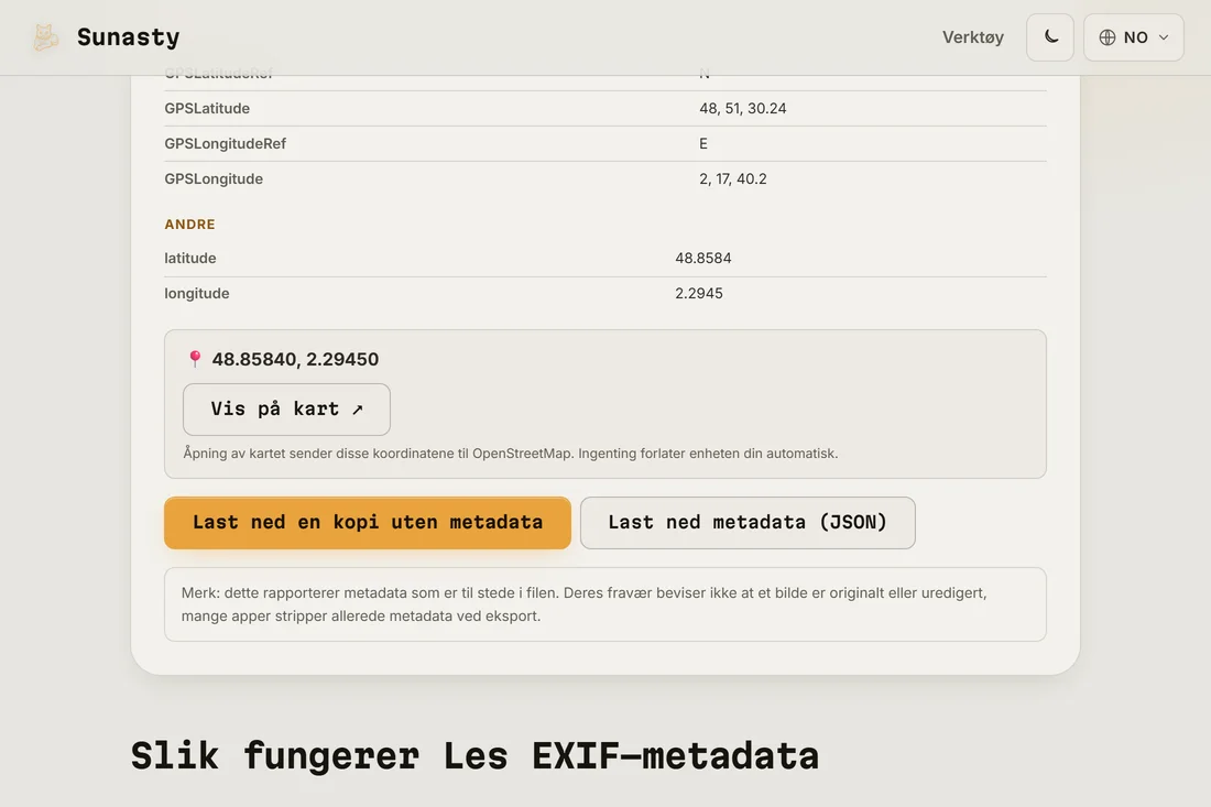 Knappen for å laste ned en kopi av bildet uten noen metadata