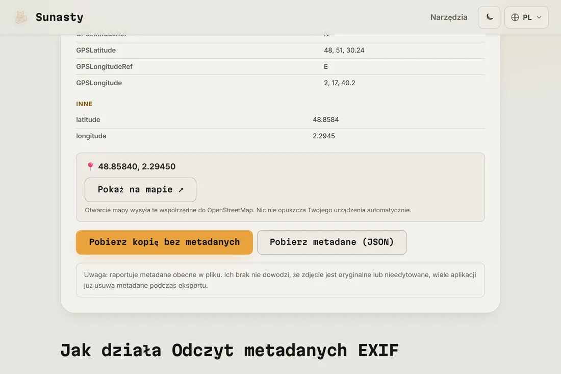 Czytnik EXIF pokazujący metadane znalezione w zdjęciu, w tym współrzędne GPS