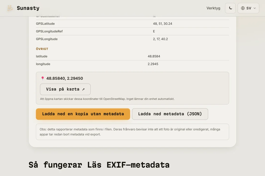 Knappen för att ladda ner en kopia av fotot utan någon metadata