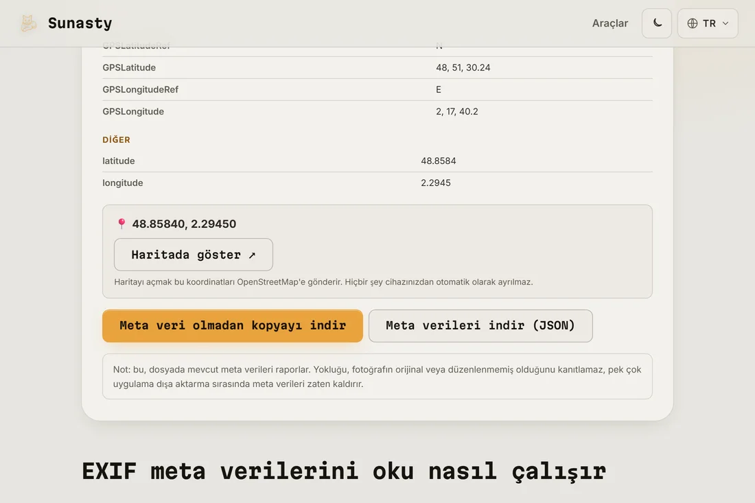 Fotoğrafın hiçbir meta veri içermeyen kopyasını indirme düğmesi