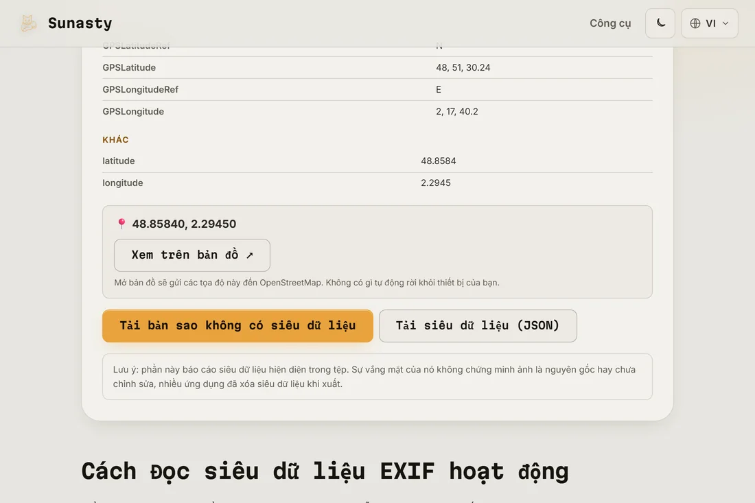 Trình đọc EXIF hiển thị metadata tìm thấy trong một bức ảnh, gồm cả tọa độ GPS