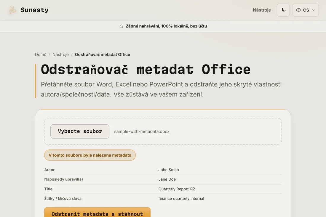 Nastroj metadat Office s tabulkou nalezenych metadat