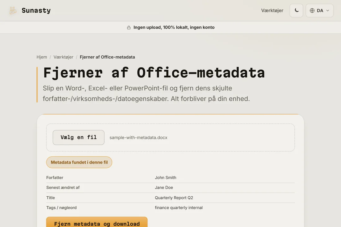Office-metadatavaerktøj med tabel over fundne metadata
