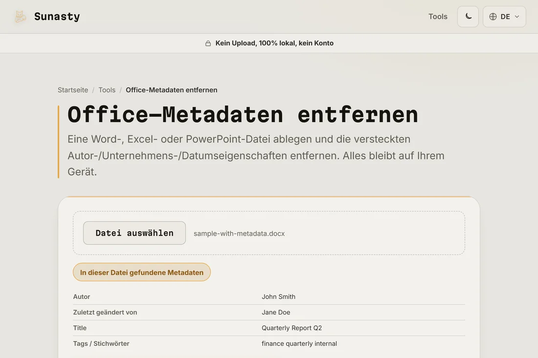Office-Metadaten-Werkzeug mit Tabelle der gefundenen Metadaten