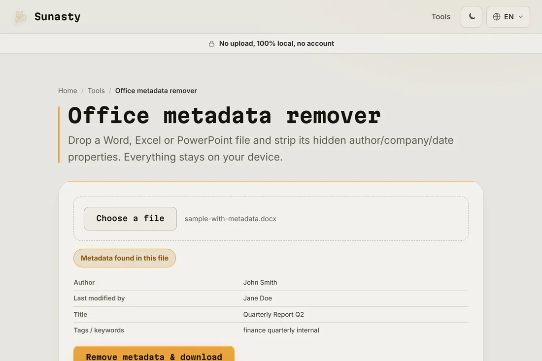The Office metadata remover with a .docx loaded, showing the author name, company and revision count in the metadata table