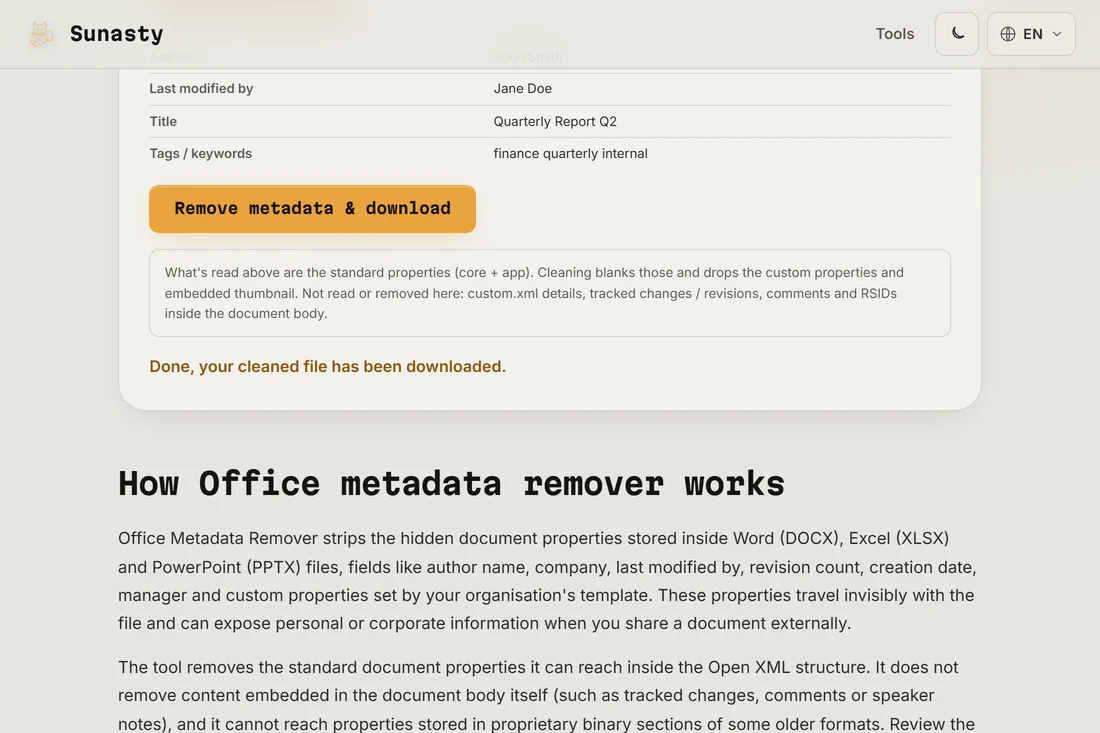 The cleaned document ready to download, with the success indicator and the -clean filename shown