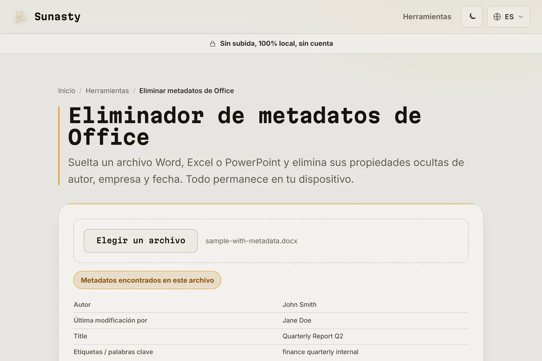 Herramienta de metadatos Office con tabla de metadatos encontrados
