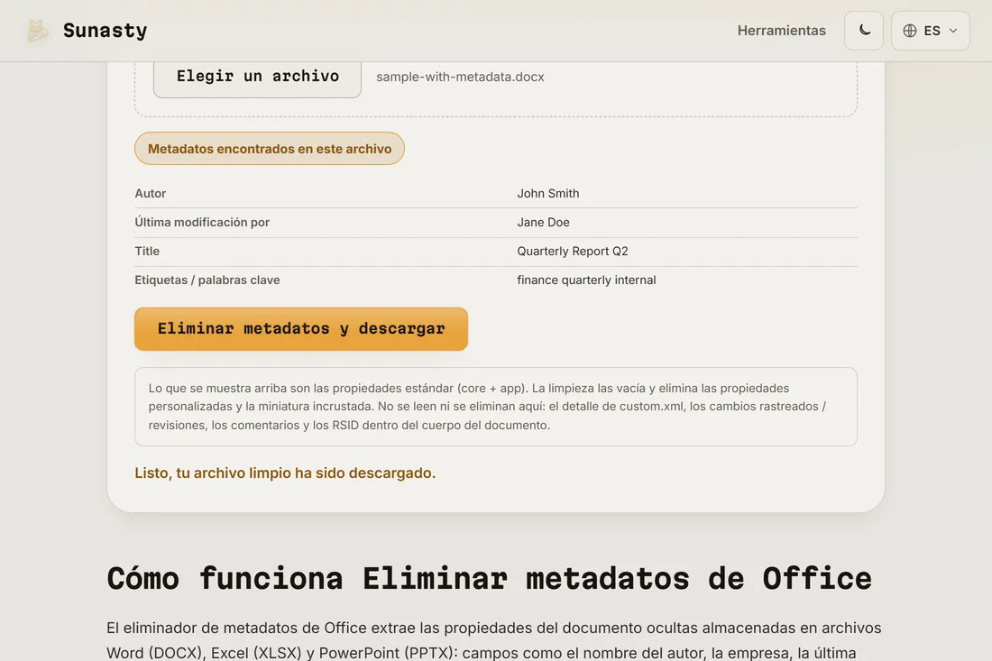 Descarga disponible tras la limpieza de metadatos