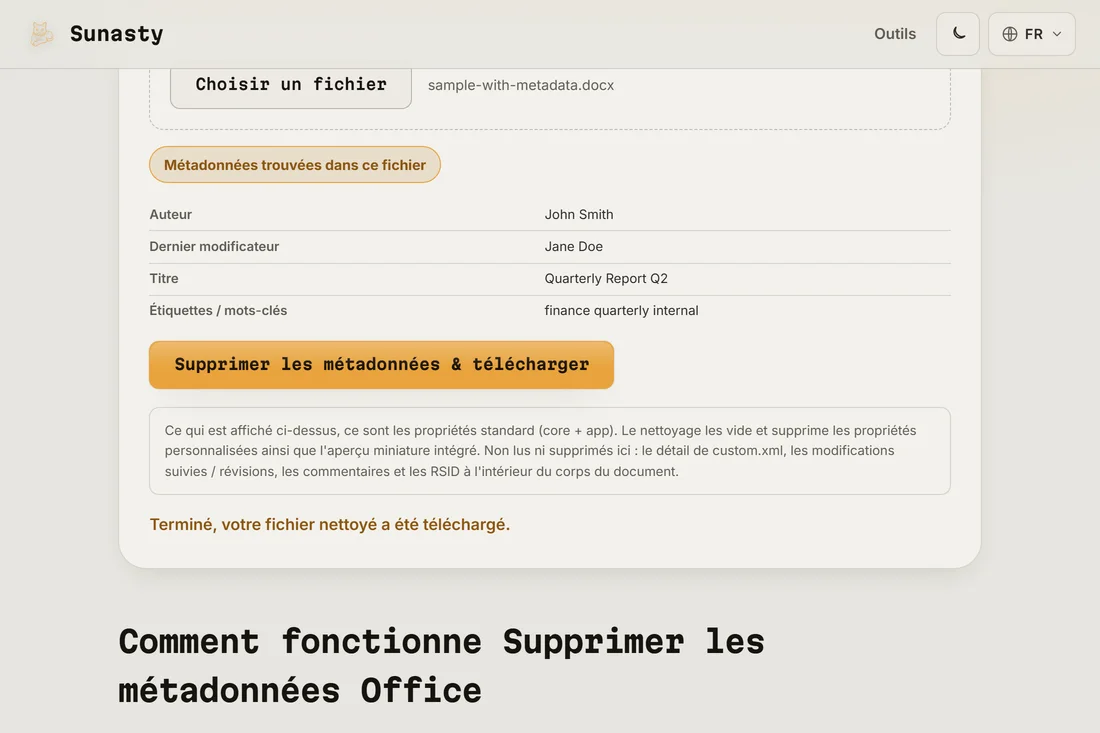 Le document nettoyé prêt au téléchargement, avec l'indicateur de succès et le nom de fichier avec le suffixe -clean