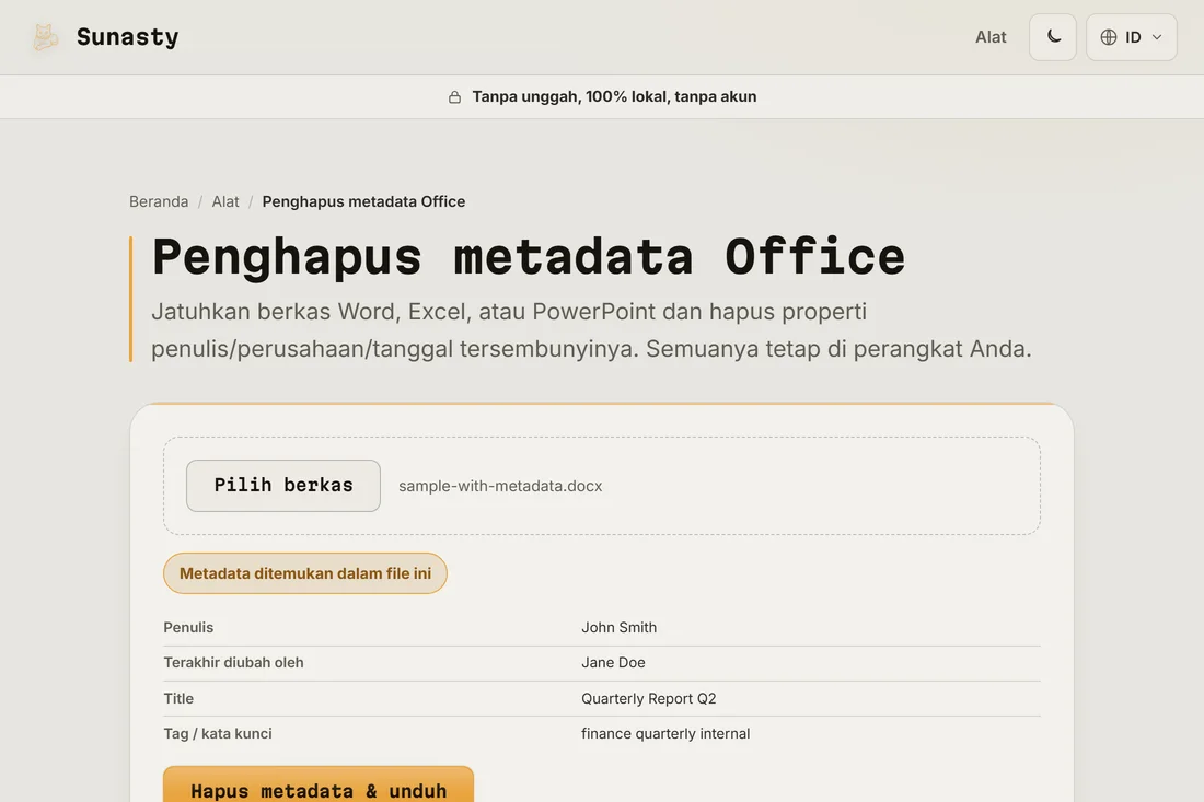 Alat metadata Office dengan tabel metadata yang ditemukan