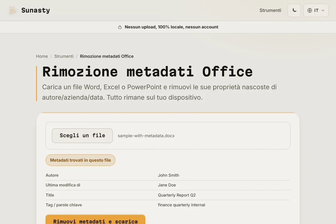 Strumento di metadati Office con tabella dei metadati trovati