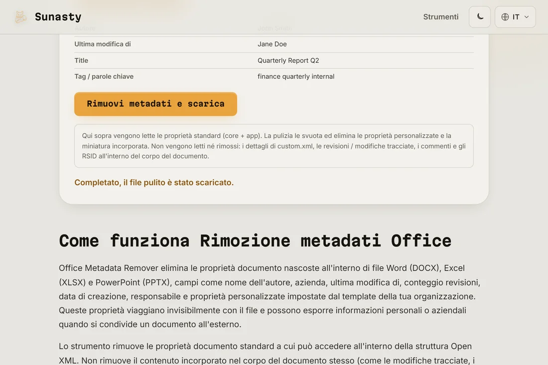 Download disponibile dopo la pulizia dei metadati
