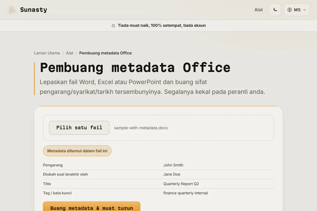 Alat metadata Office dengan jadual metadata yang dijumpai