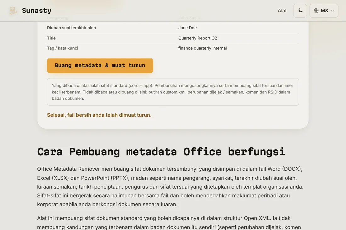 Muat turun tersedia selepas pembersihan metadata