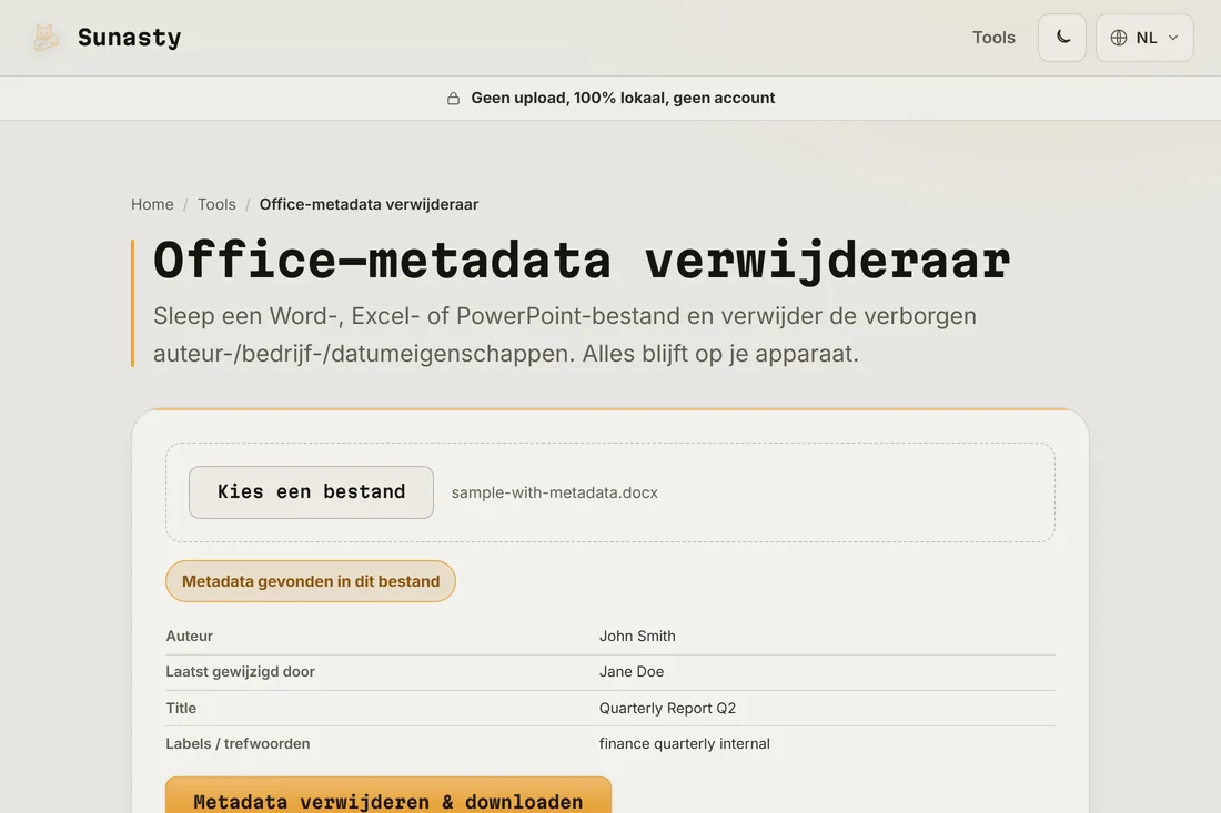 Office-metagegevenstool met tabel van gevonden metagegevens