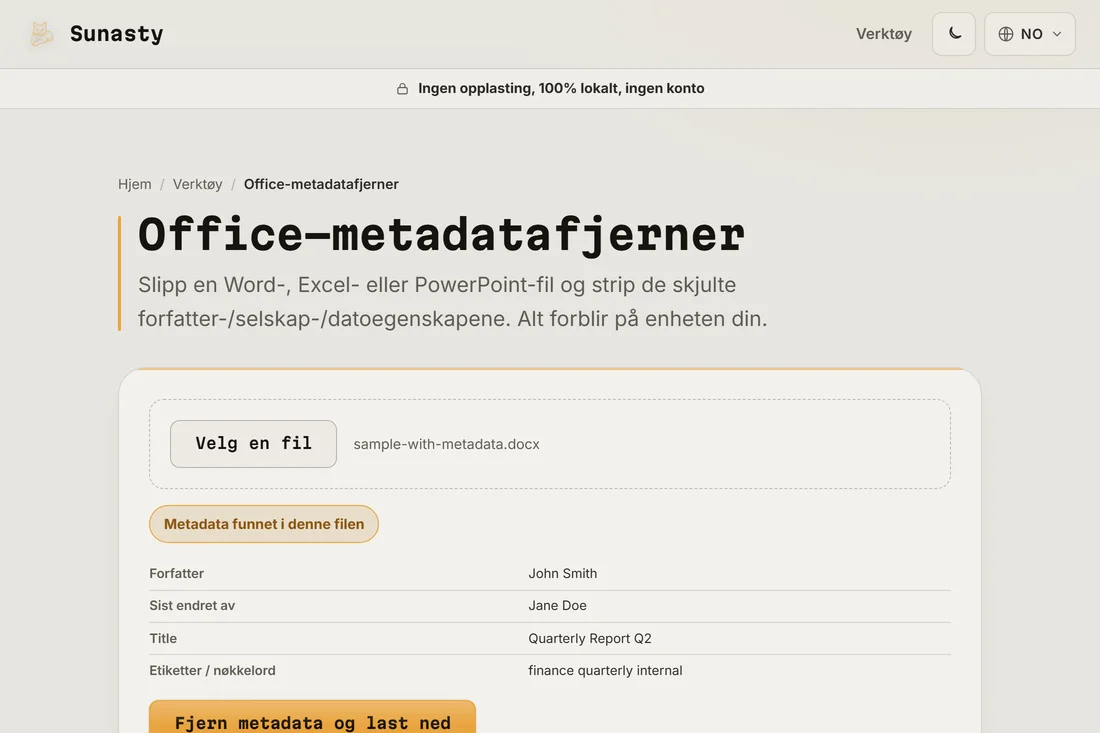 Office-metadataverktøy med tabell over funne metadata