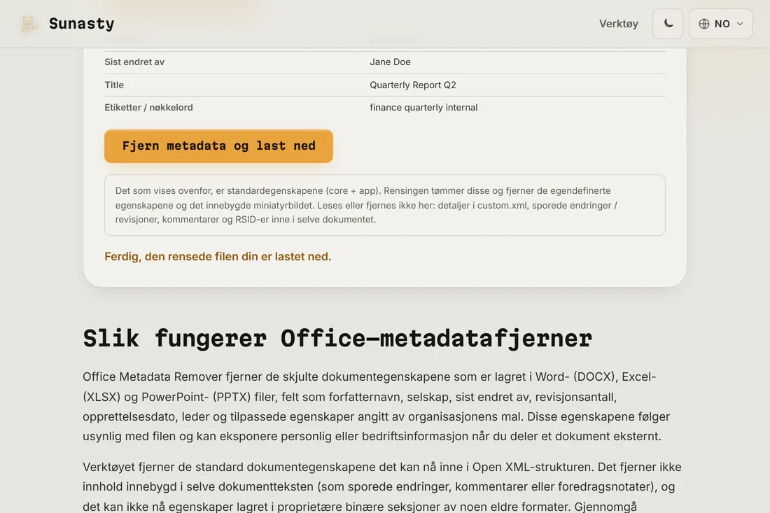 Nedlasting tilgjengelig etter opprydding av metadata