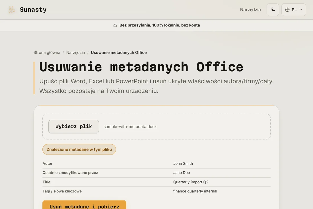 Narzedzie metadanych Office z tabela znalezionych metadanych