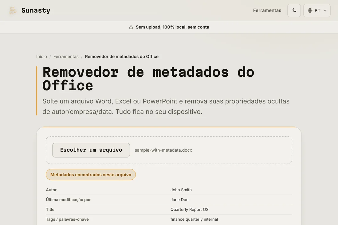Ferramenta de metadados Office com tabela de metadados encontrados
