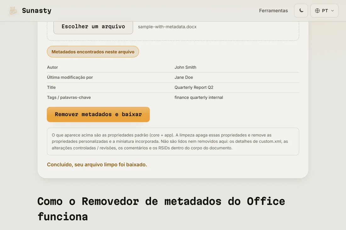 Download disponivel apos a limpeza de metadados