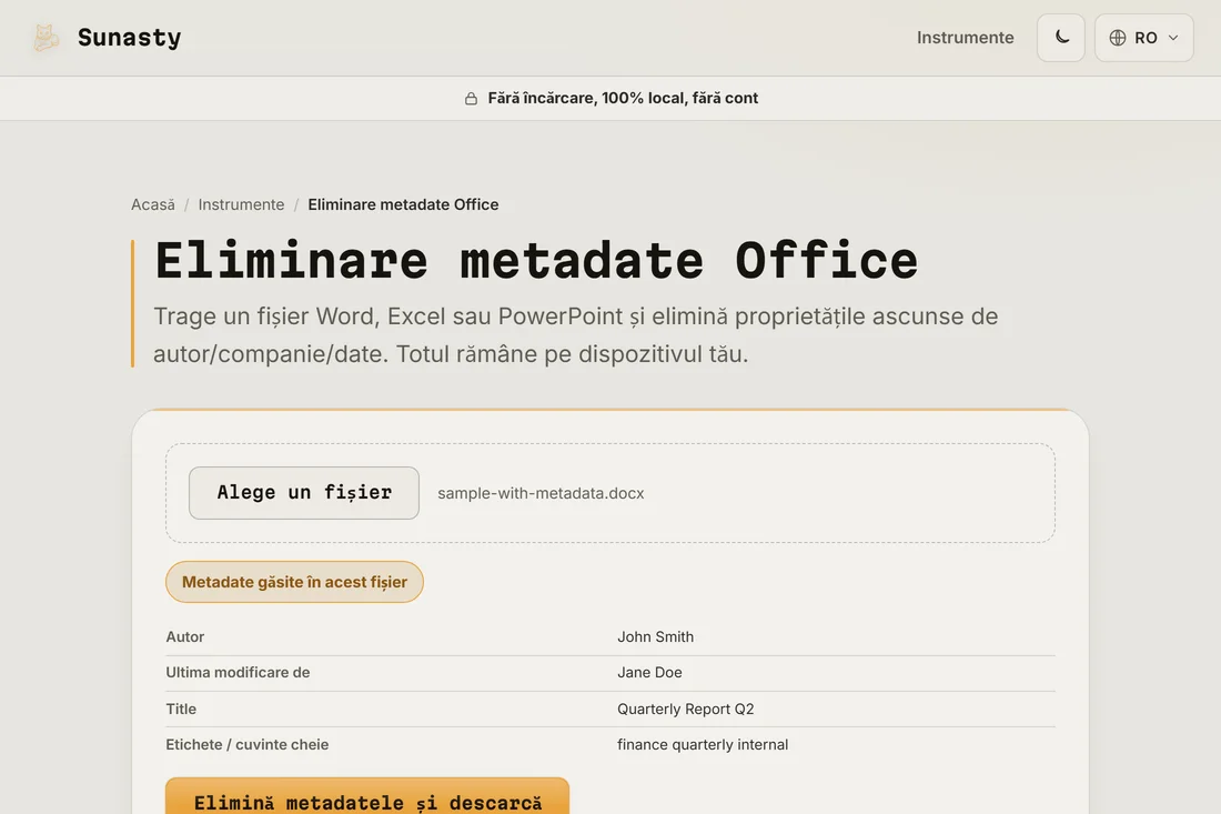 Instrumentul de metadate Office cu tabelul metadatelor gasite