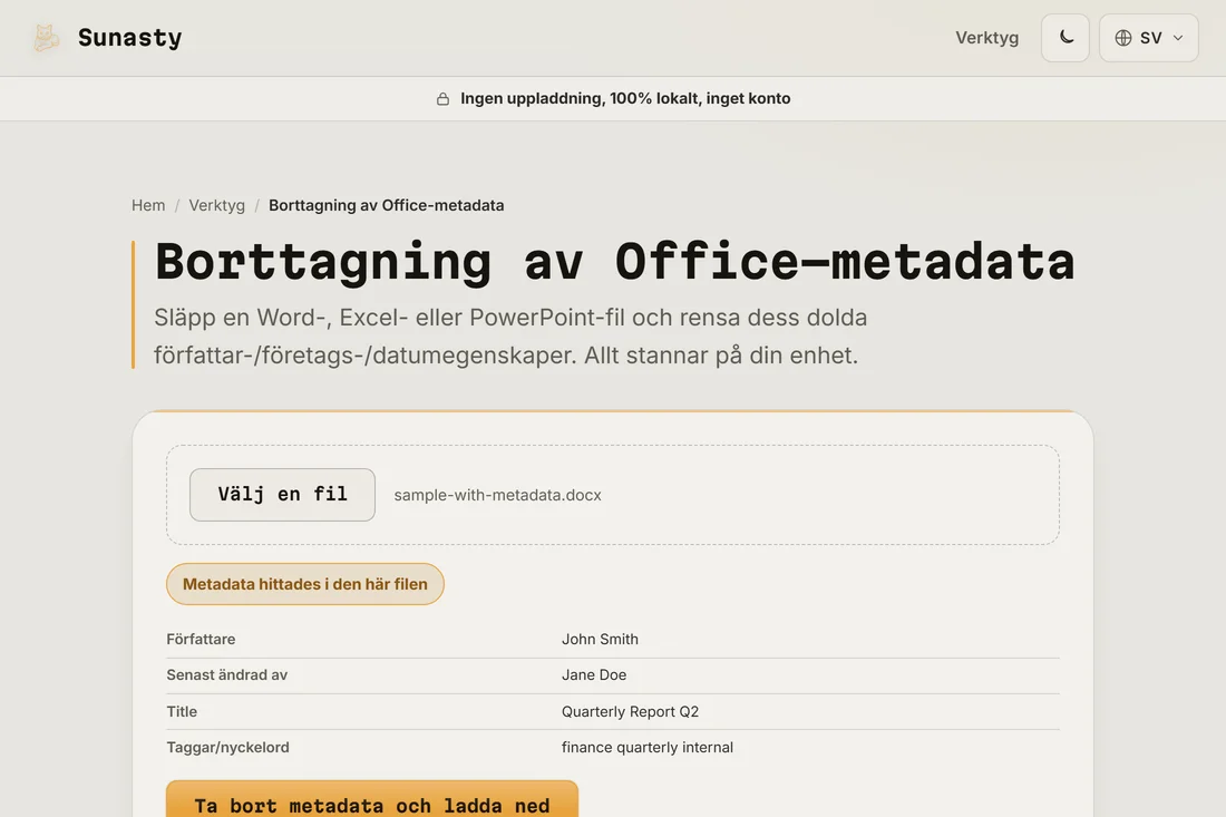 Office-metadataverktyg med tabell over hittade metadata