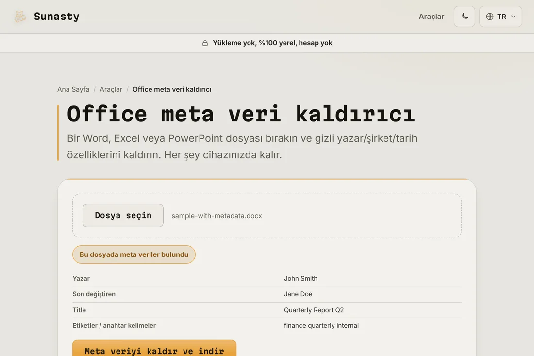 Bulunan meta verilerin tablosuyla Office meta veri araci