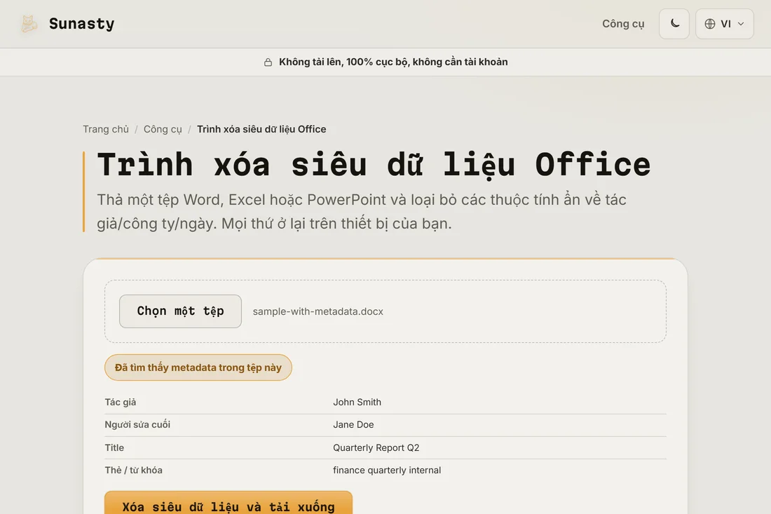 Cong cu metadata Office voi bang metadata duoc tim thay