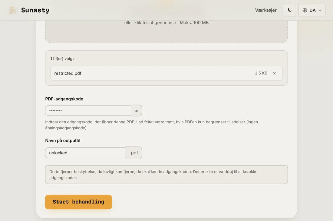 PDF Unlock-værktøjet med en beskyttet PDF indlæst og adgangskodefeltet klar til at udfylde