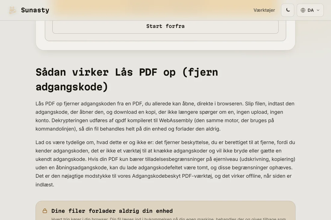 Downloadlinket til den oplåste PDF efter vellykket dekryptering