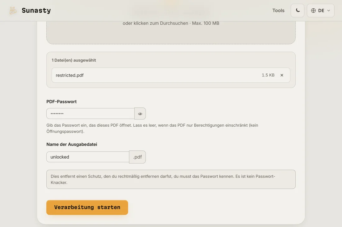 Das PDF-Unlock-Tool mit geladenem geschütztem PDF und ausfüllbereitem Passwortfeld