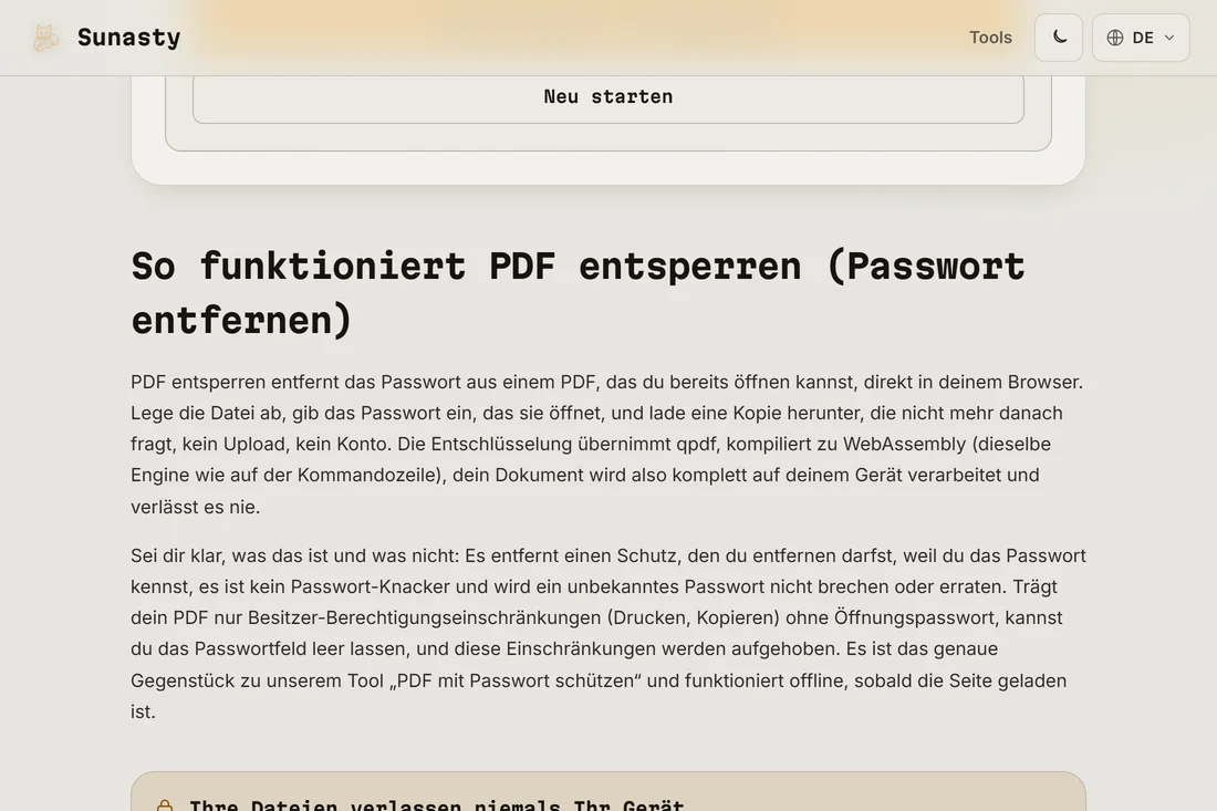 Der Download-Link des entsperrten PDF nach erfolgreicher Entschlüsselung