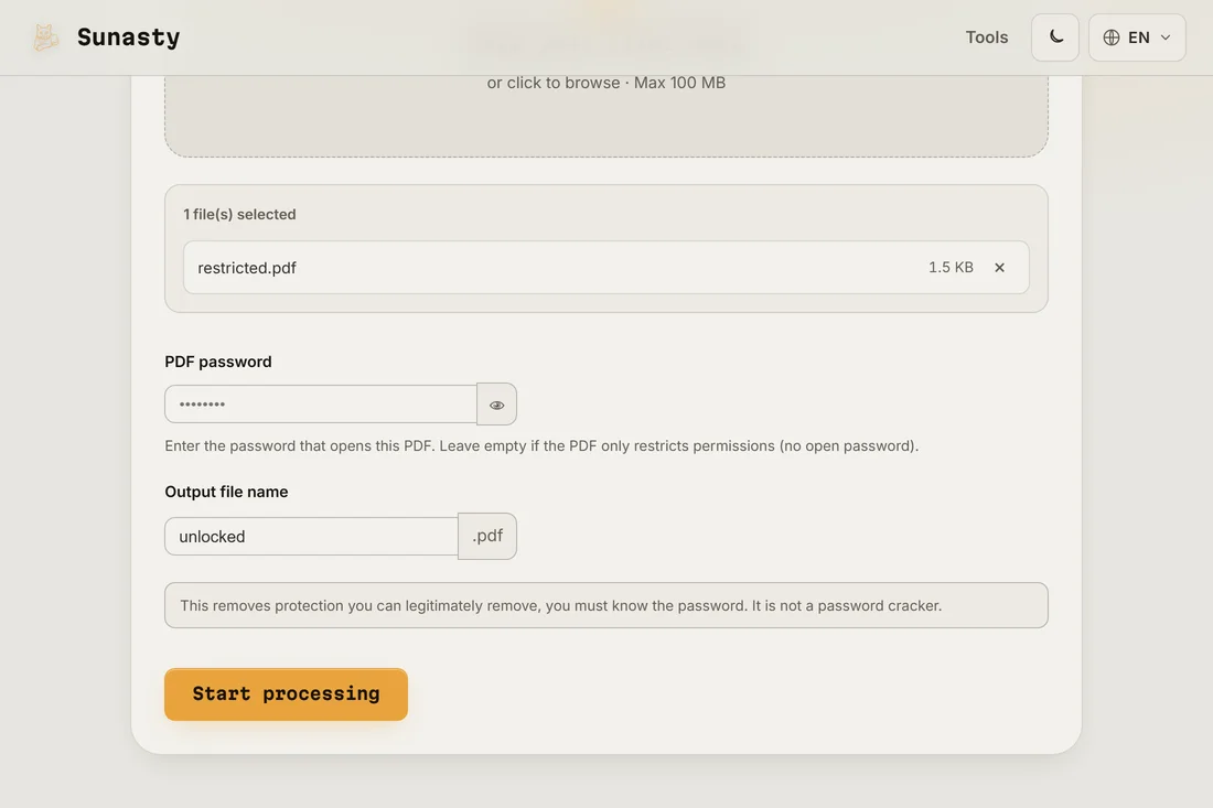 The PDF Unlock tool with a protected PDF loaded and the password field ready to fill