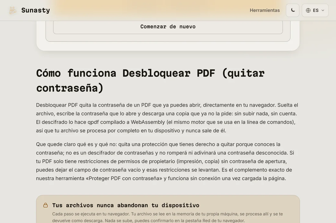 El enlace de descarga del PDF desbloqueado tras un descifrado correcto