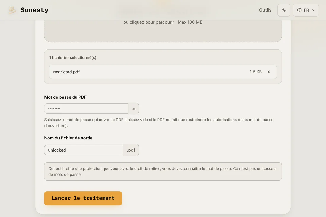 L'outil de deverrouillage PDF avec un PDF protege charge et le champ de mot de passe pret a etre rempli