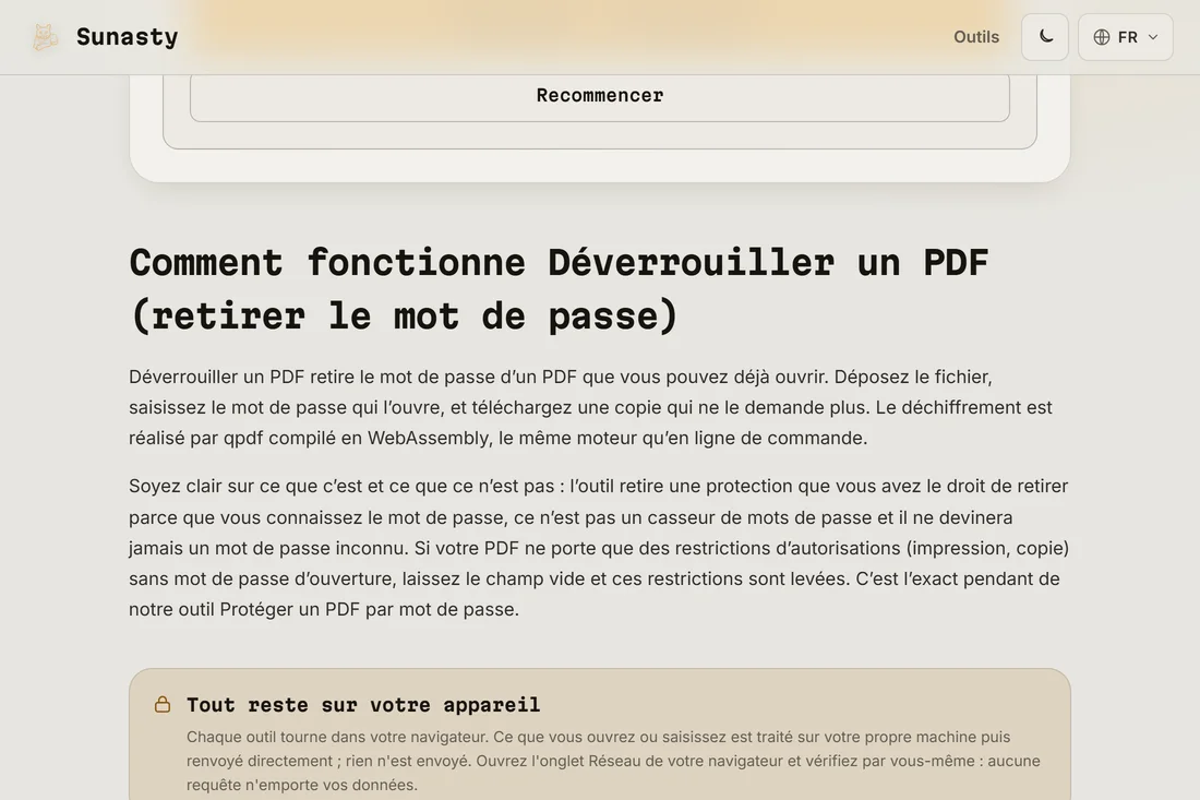 Le lien de telechargement du PDF deverrouille apres dechiffrement reussi