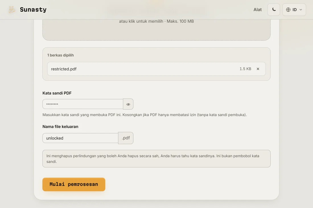 Alat PDF Unlock dengan PDF terproteksi dimuat dan kolom kata sandi siap diisi