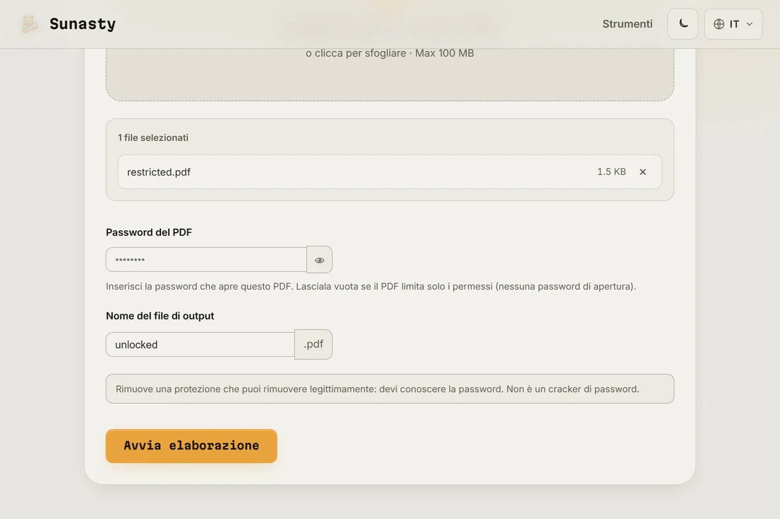 Lo strumento PDF Unlock con un PDF protetto caricato e il campo della password pronto da compilare