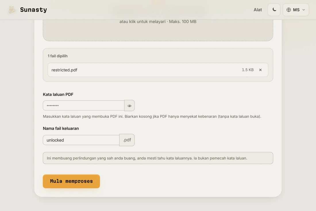 Alat PDF Unlock dengan PDF yang dilindungi dimuatkan dan medan kata laluan sedia untuk diisi
