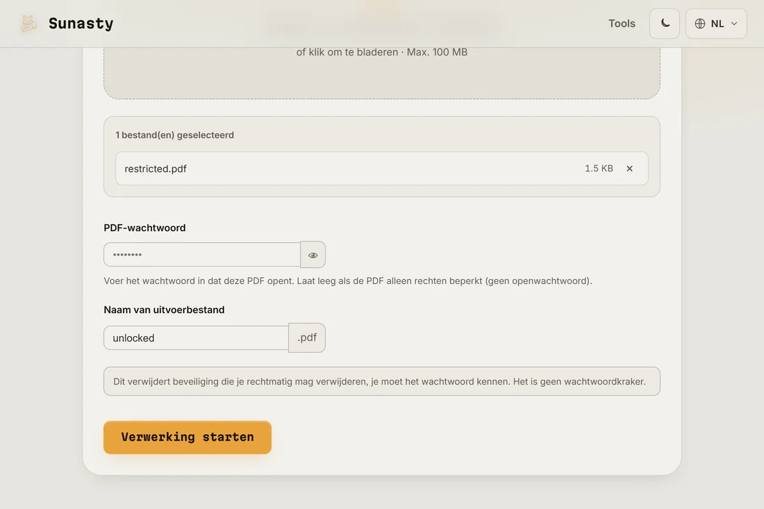 De tool PDF Unlock met een beveiligde PDF geladen en het wachtwoordveld klaar om in te vullen