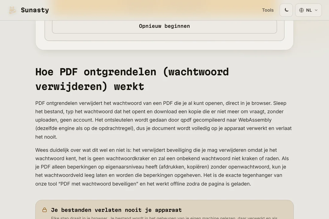 De downloadlink van de ontgrendelde PDF na een geslaagde ontsleuteling