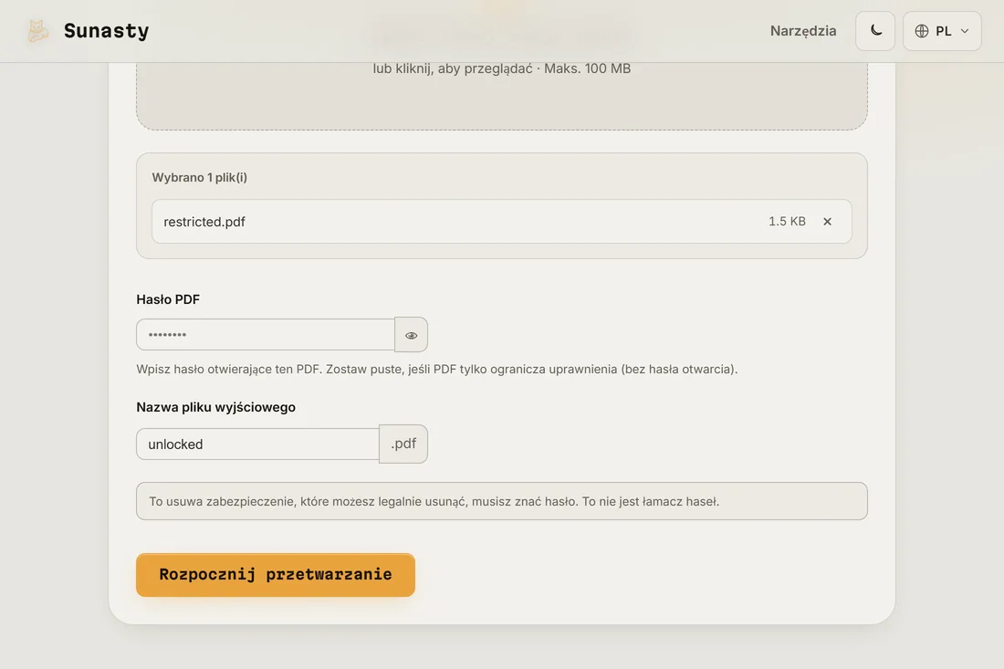 Narzędzie PDF Unlock z wczytanym zabezpieczonym plikiem PDF i polem hasła gotowym do wypełnienia