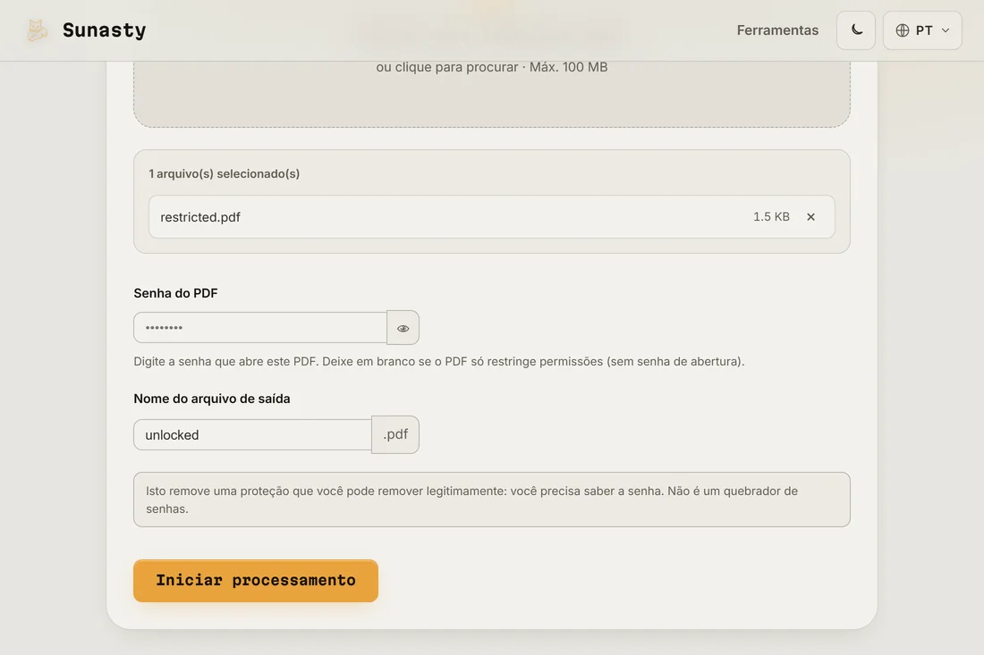 A ferramenta de Desbloqueio de PDF com um PDF protegido carregado e o campo de senha pronto para preencher