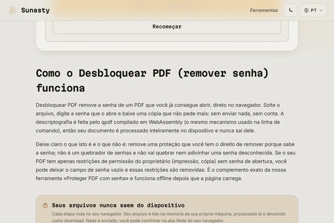 O link de download do PDF desbloqueado após a descriptografia bem-sucedida
