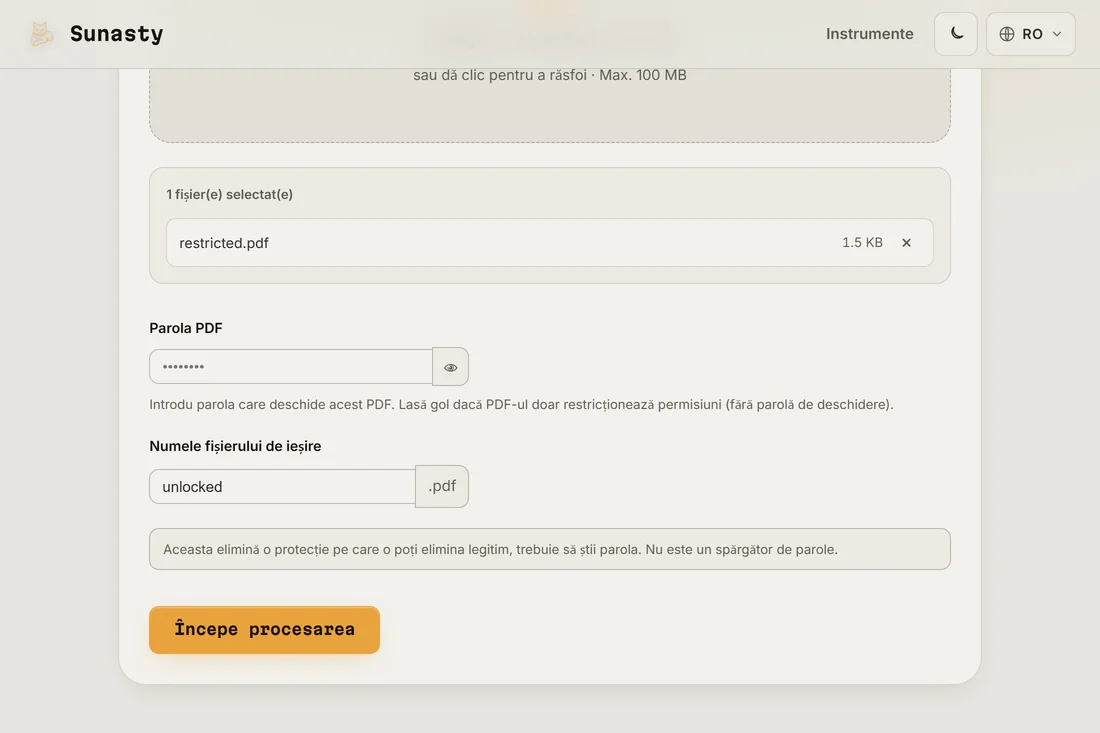 Instrumentul PDF Unlock cu un PDF protejat incarcat si campul de parola gata de completat