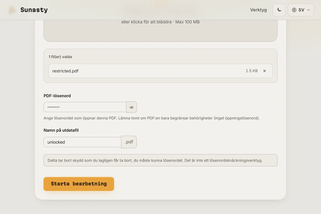 Verktyget PDF-upplåsning med en skyddad PDF inläst och lösenordsfältet redo att fyllas i