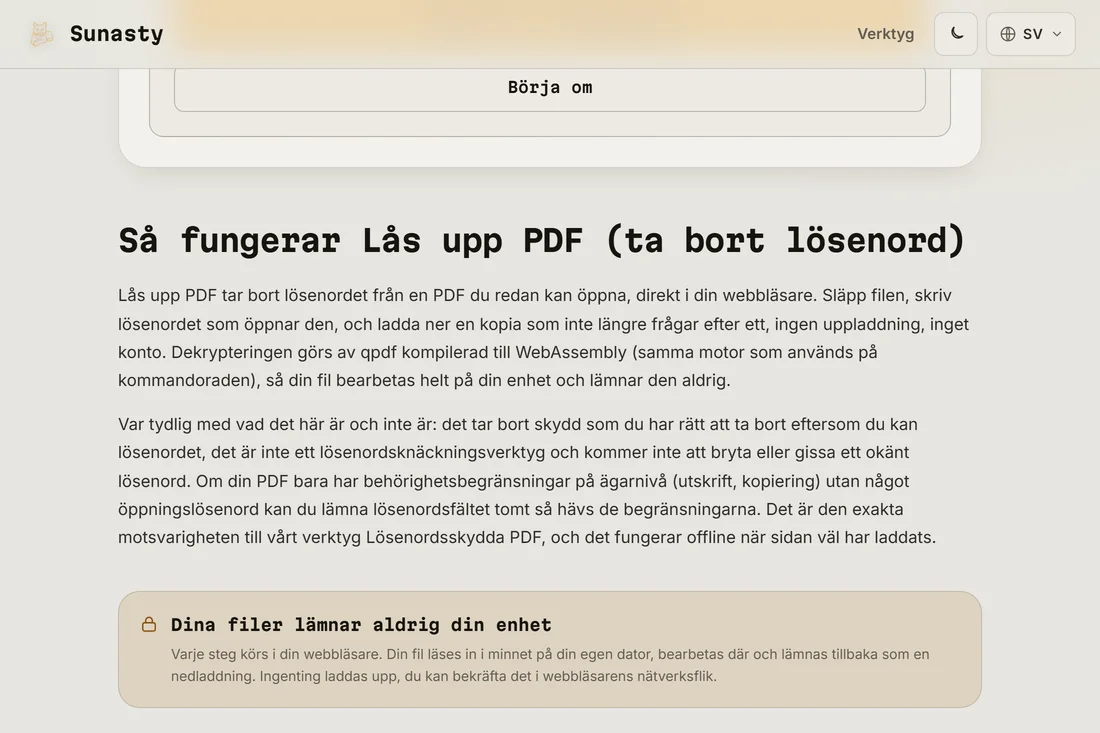 Nedladdningslänken för den upplåsta PDF-filen efter lyckad dekryptering