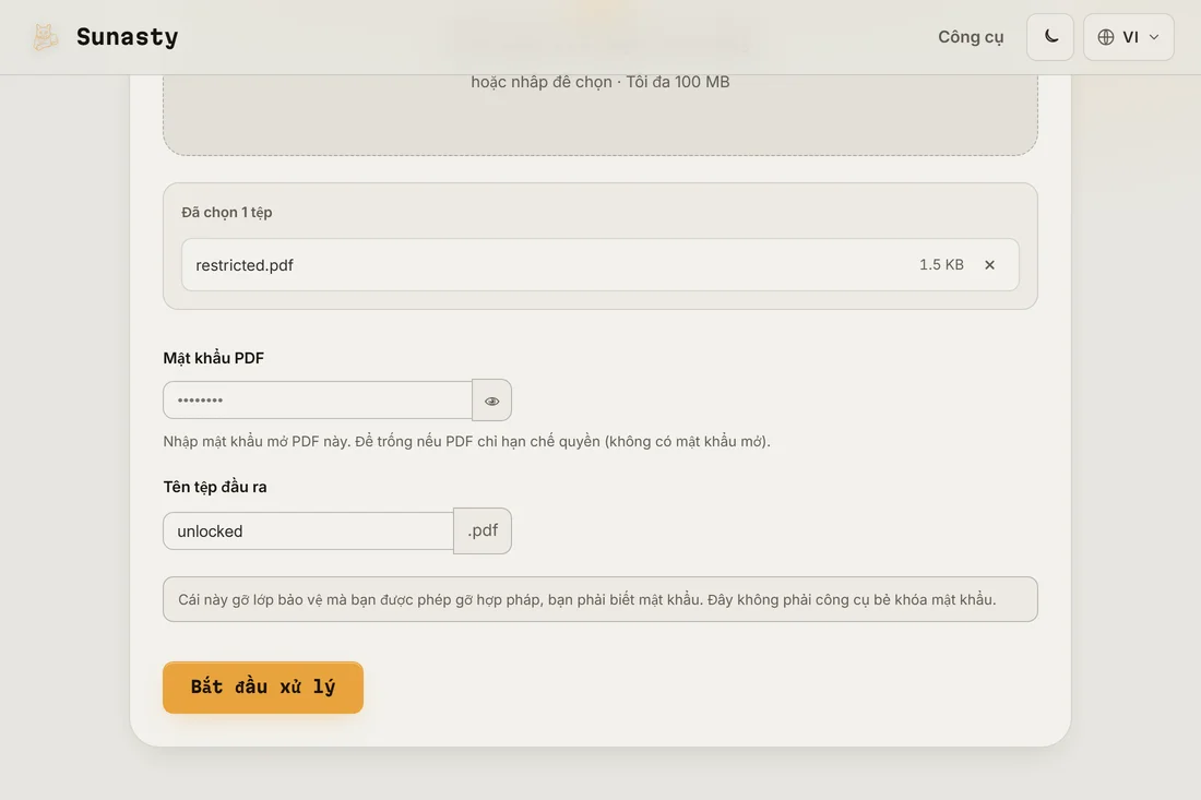 Công cụ Mở khóa PDF với một tệp PDF được bảo vệ đã nạp và ô mật khẩu sẵn sàng để điền